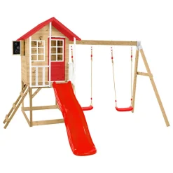 Spielhaus 'Lolla 3' naturfarben/rot mit Rutsche und Doppelschaukel 352 x 370 x 224 cm