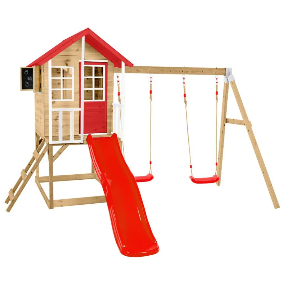 Spielhaus 'Lolla 3' naturfarben/rot mit Rutsche und Doppelschaukel 352 x 370 x 224 cm