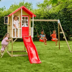 Spielhaus 'Lolla 3' naturfarben/rot mit Rutsche und Doppelschaukel 352 x 370 x 224 cm