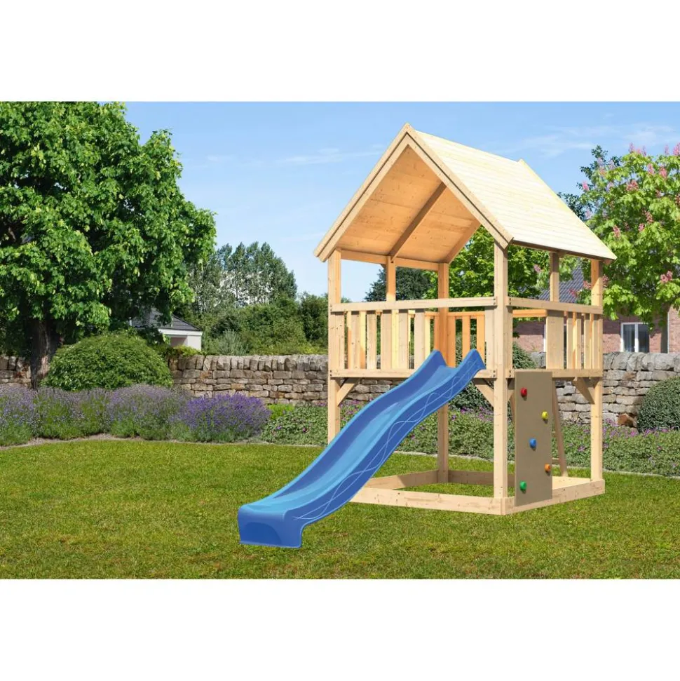 Spielturm 'Ida' naturbelassen mit Kletterwand, Rutsche blau 200 x 394 x 345 cm