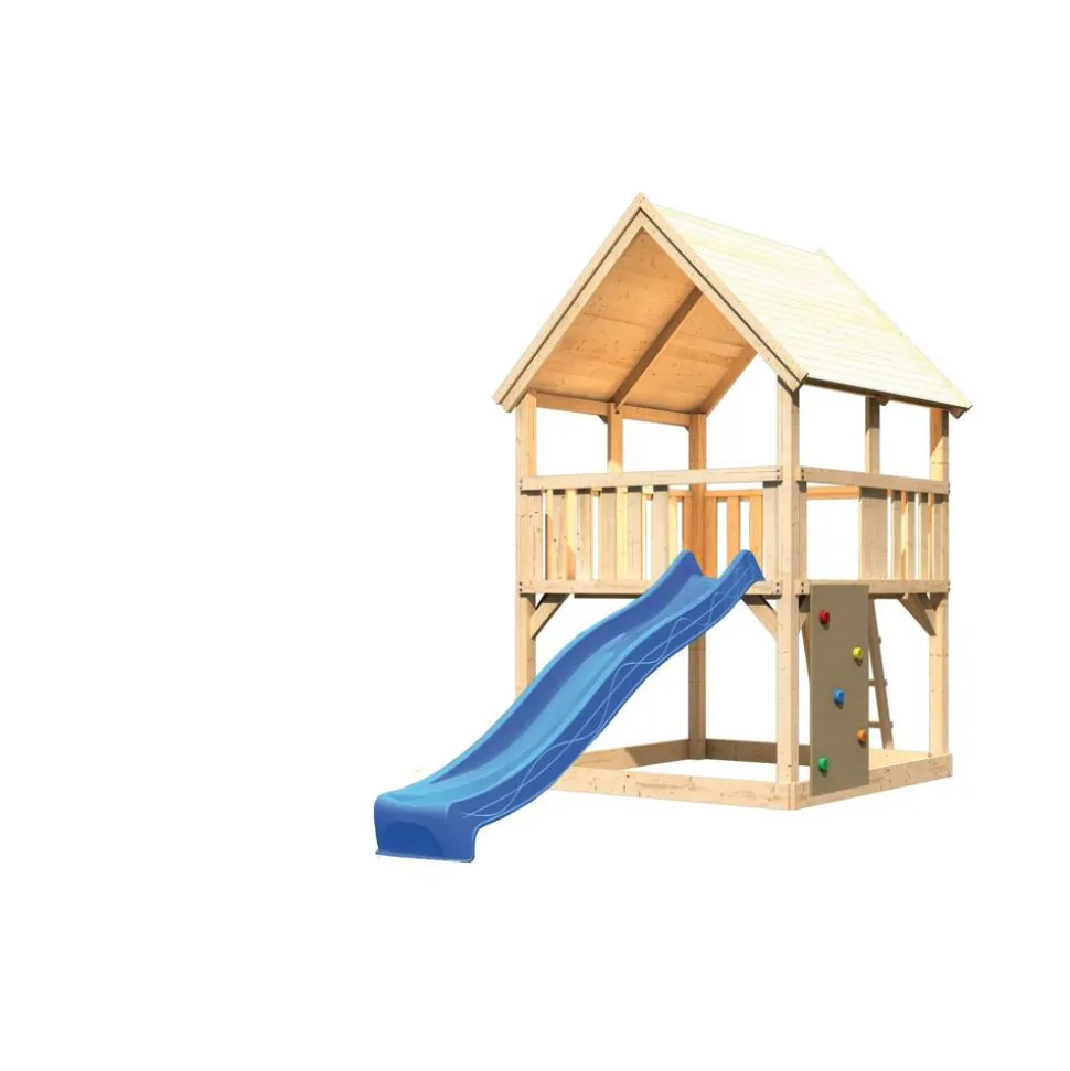 Spielturm 'Ida' naturbelassen mit Kletterwand, Rutsche blau 200 x 394 x 345 cm