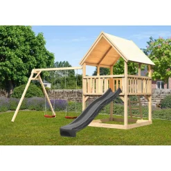 Spielturm 'Ida' naturbelassen mit Rutsche anthrazit, Doppelschaukel 440 x 394 x 345 cm