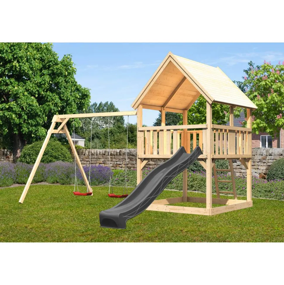Spielturm 'Ida' naturbelassen mit Rutsche anthrazit, Doppelschaukel 440 x 394 x 345 cm