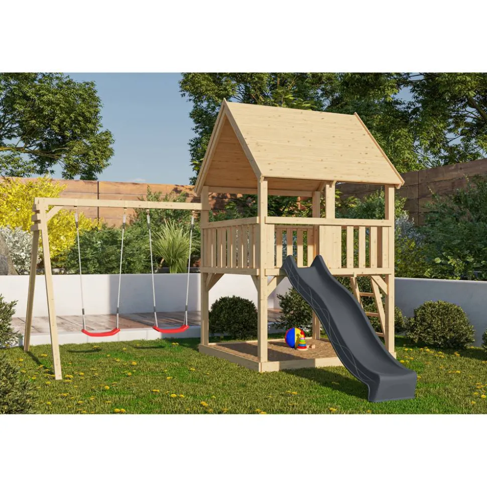 Spielturm 'Ida' naturbelassen mit Rutsche anthrazit, Doppelschaukel 440 x 394 x 345 cm