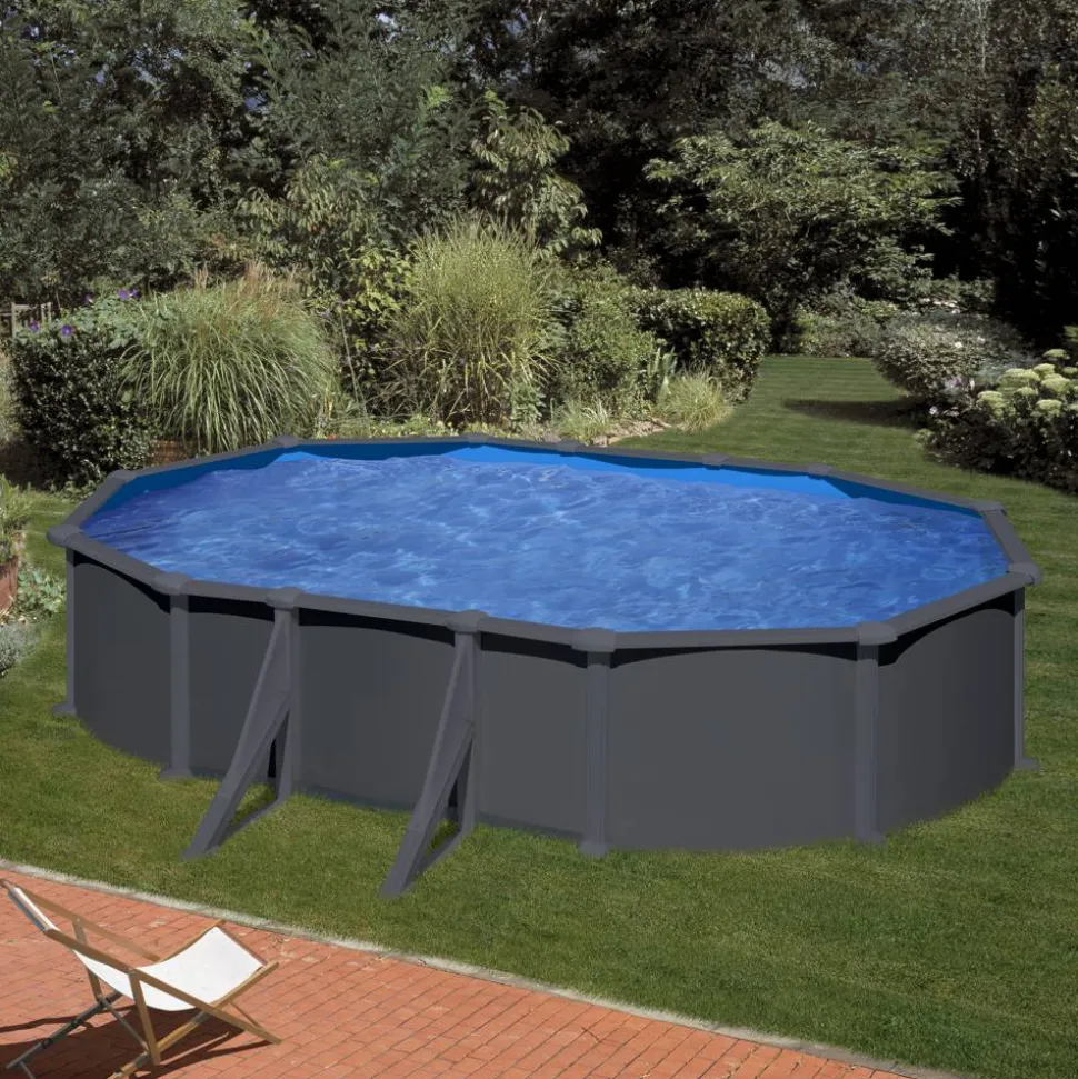 Stahlwandpool-Set 'Anthracite' oval 610 × 375 × 132 cm, mit Seitenstützen