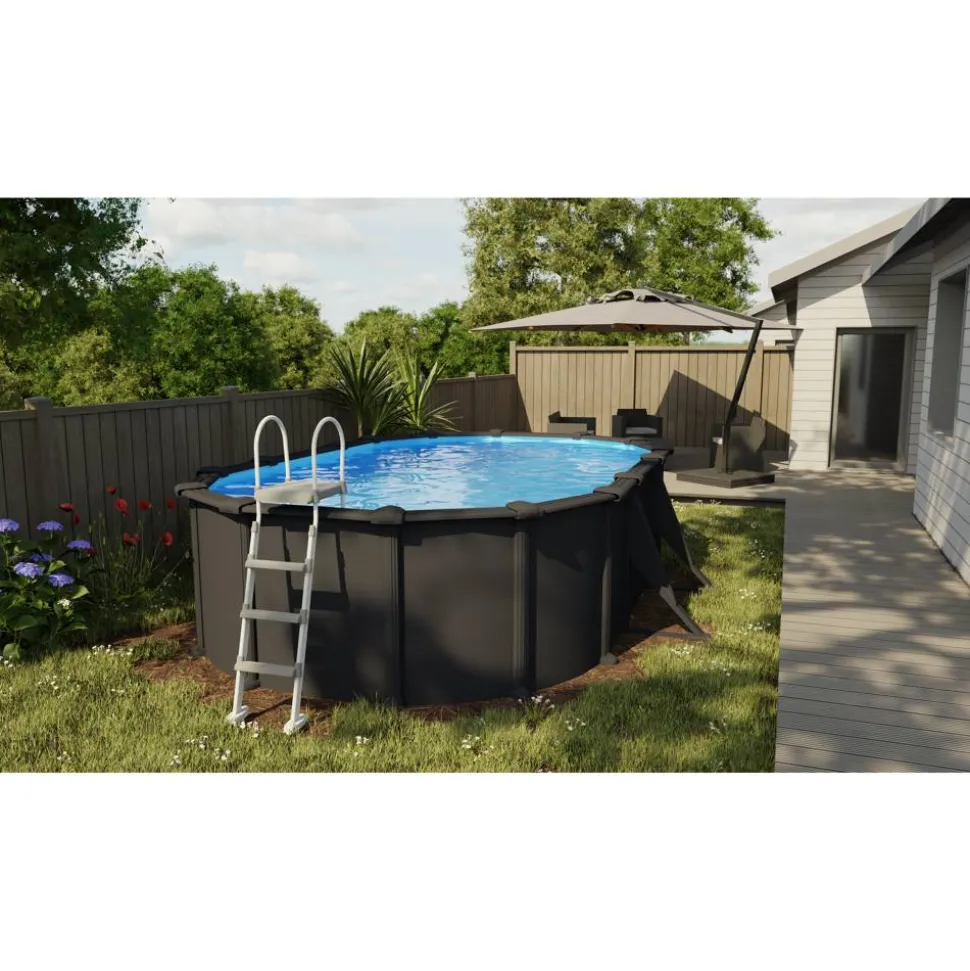Stahlwandpool-Set 'Anthracite' oval 610 × 375 × 132 cm, mit Seitenstützen