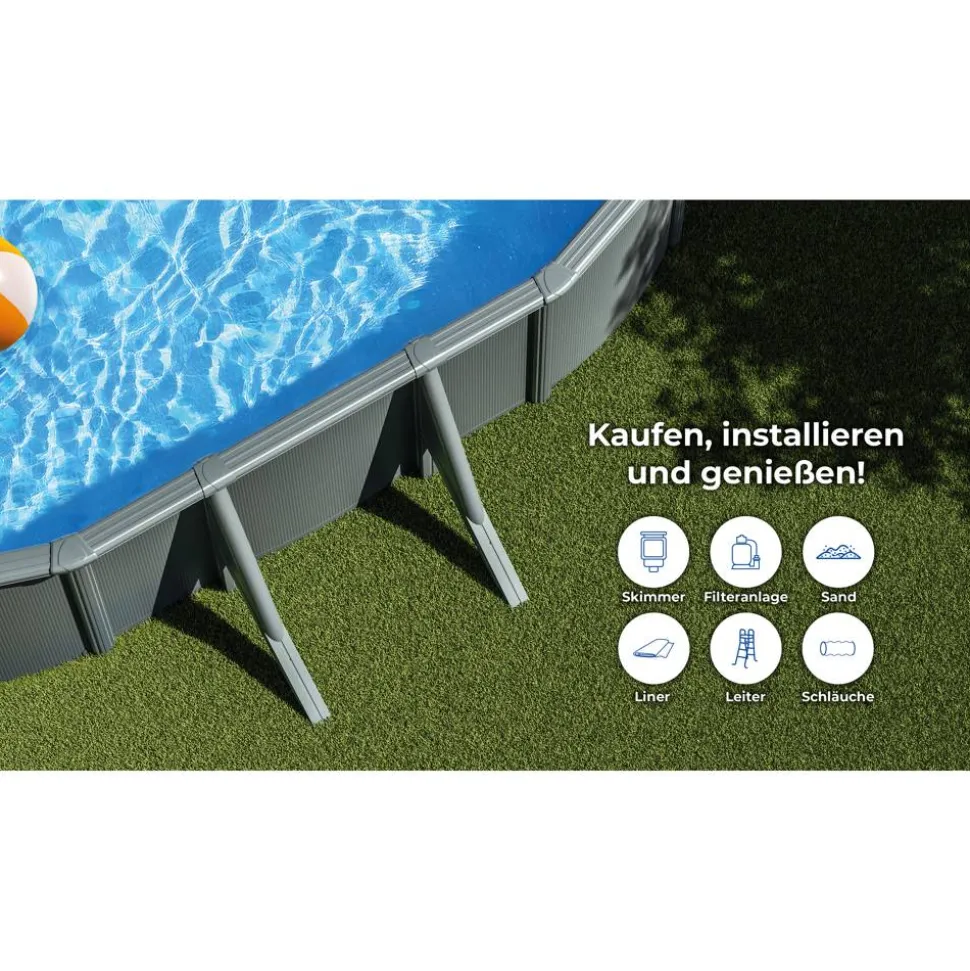 Stahlwandpool-Set 'Anthracite' oval 500 × 375 × 120 cm, mit Seitenstützen
