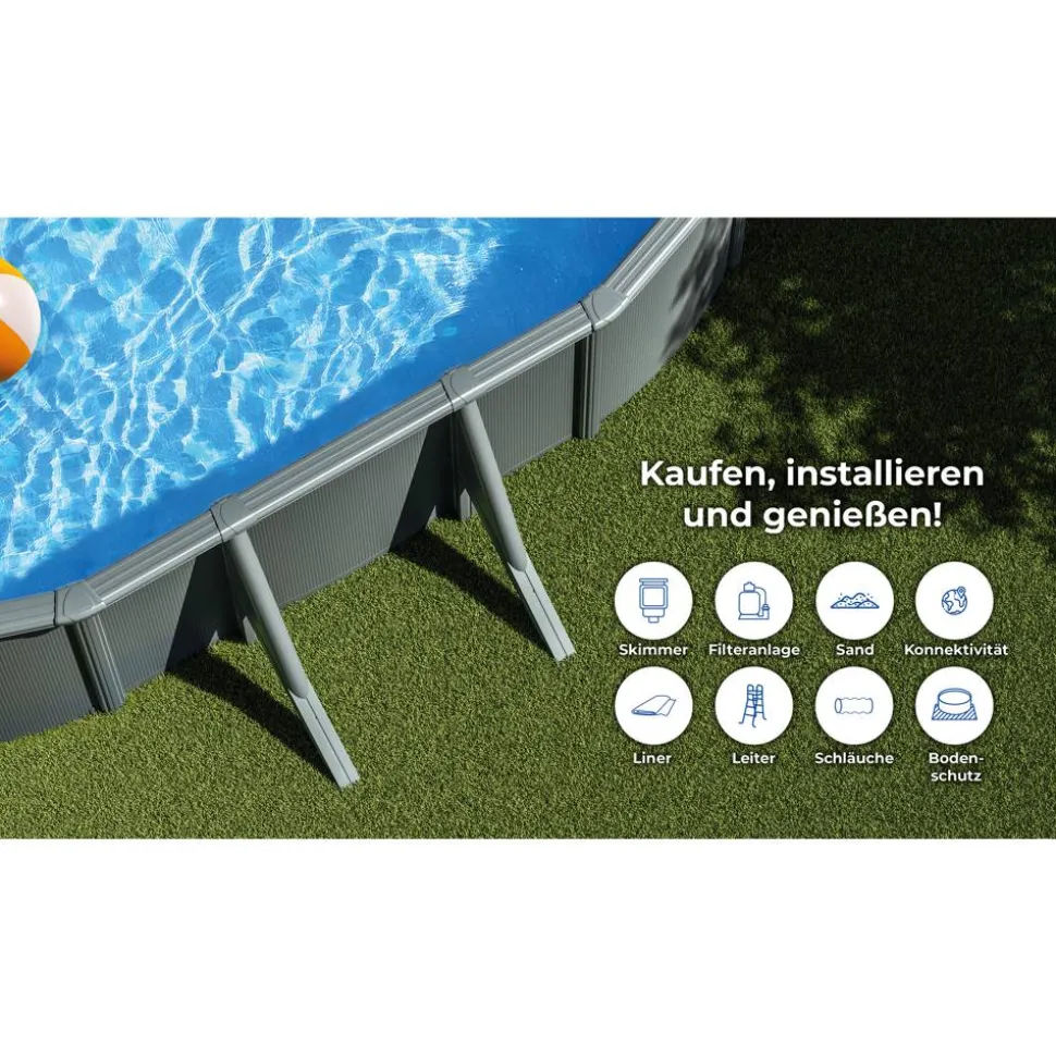 Stahlwandpool-Set 'Anthracite' oval 500 × 375 × 132 cm, mit Seitenstützen