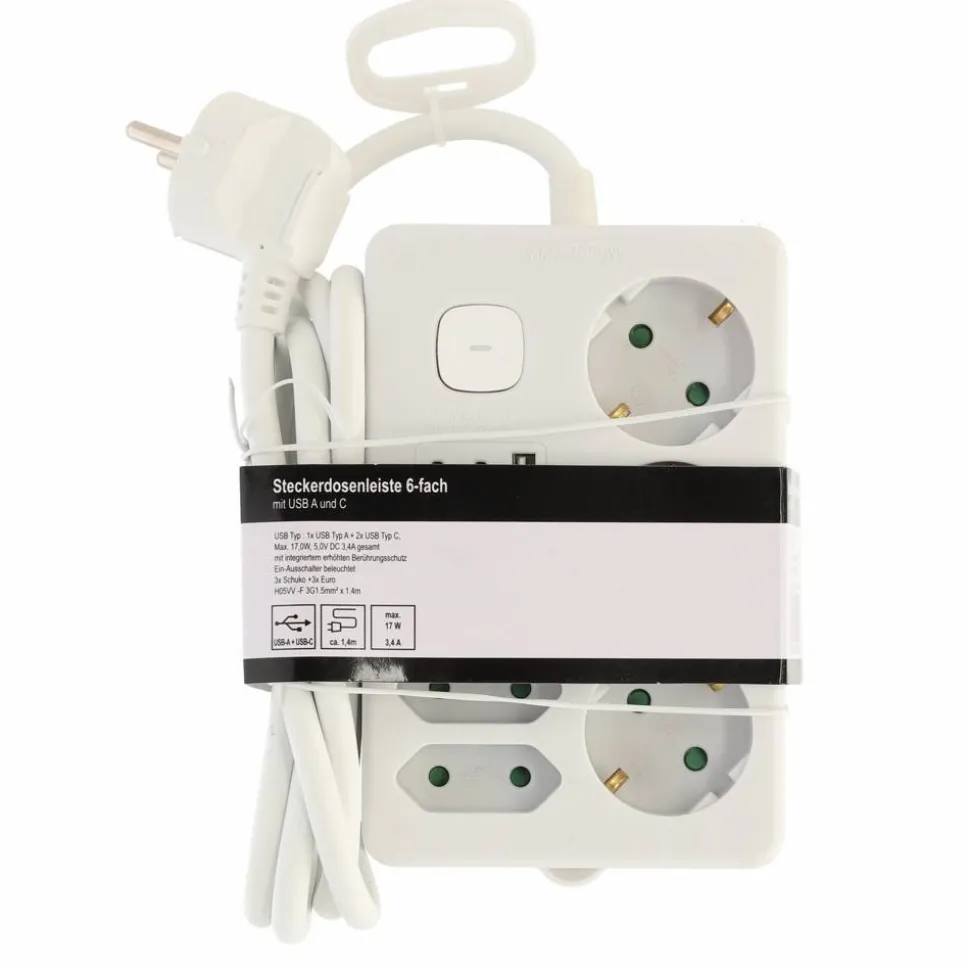 Steckdosenleiste mit Schalter 3-fach weiß/grau USB-A+C 1,4 m