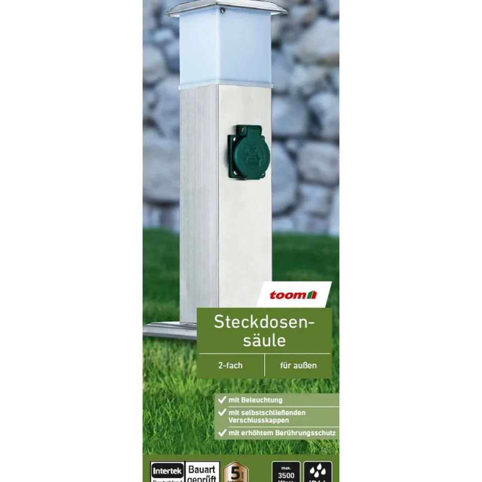 Steckdosensäule mit Leuchte Edelstahl silbern 2-fach