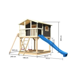 Stelzenhaus 'Ciana' terragrau mit Doppelschaukel, Rutsche blau 680 x 264 x 309 cm