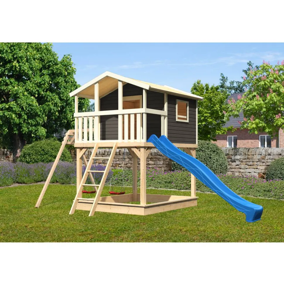 Stelzenhaus 'Ciana' terragrau mit Doppelschaukel, Rutsche blau 680 x 264 x 309 cm