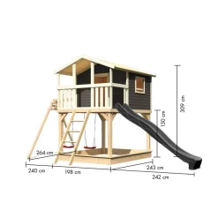 Stelzenhaus 'Ciana' terragrau mit Doppelschaukel, Rutsche anthrazit 680 x 264 x 309 cm