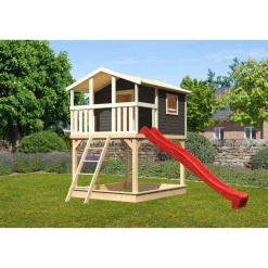 Stelzenhaus 'Ciana' terragrau mit Rutsche rot 440 x 244 x 309 cm