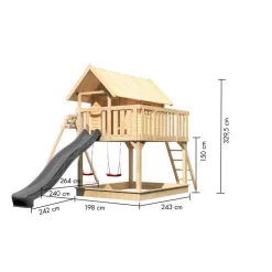 Stelzenhaus 'Karlie' naturbelassen mit Doppelschaukel, Rutsche anthrazit 438 x 485 x 329,5 cm