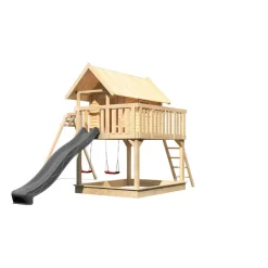 Stelzenhaus 'Karlie' naturbelassen mit Doppelschaukel, Rutsche anthrazit 438 x 485 x 329,5 cm