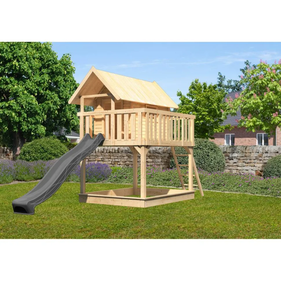 Stelzenhaus 'Karlie' naturbelassen mit Rutsche anthrazit 198 x 485 x 329,5 cm