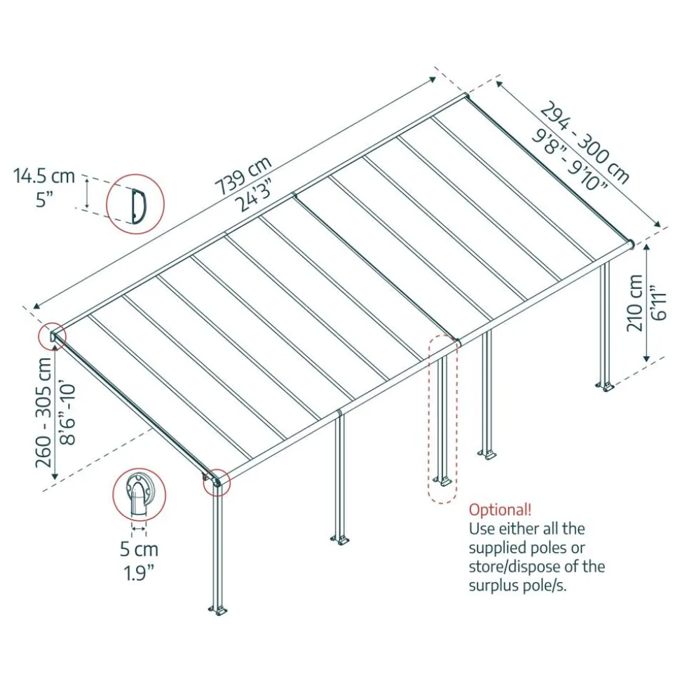 Terrassenüberdachung 'Olympia' anthrazit 294 x 739 cm Polycarbonat transparent