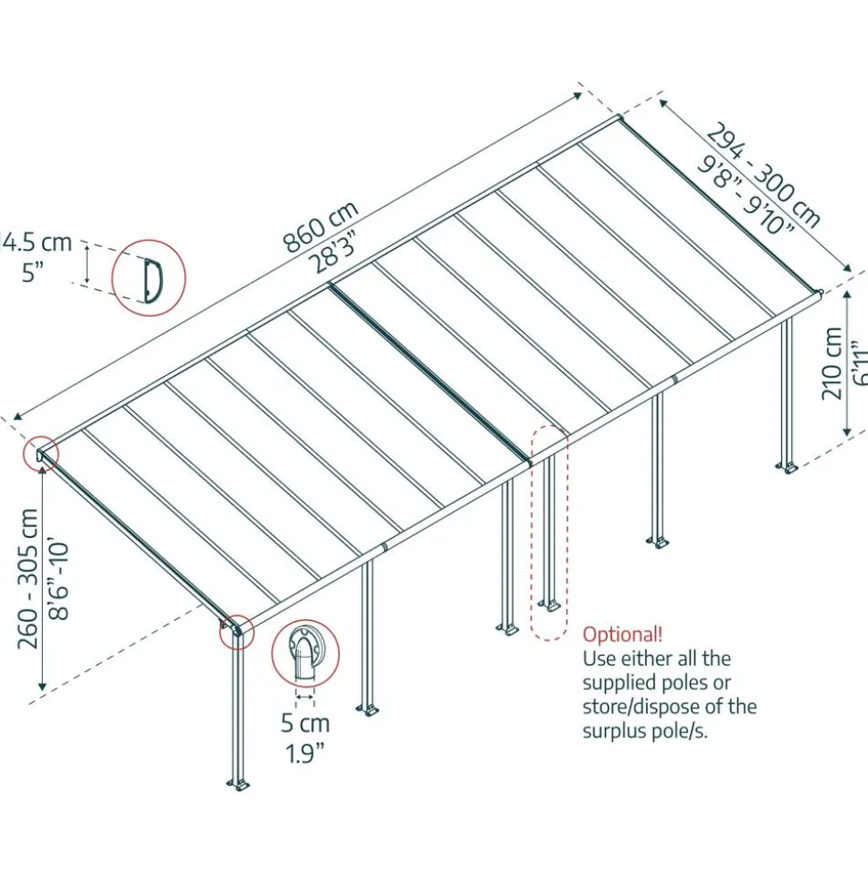 Terrassenüberdachung 'Olympia' anthrazit 294 x 860 cm Polycarbonat transparent