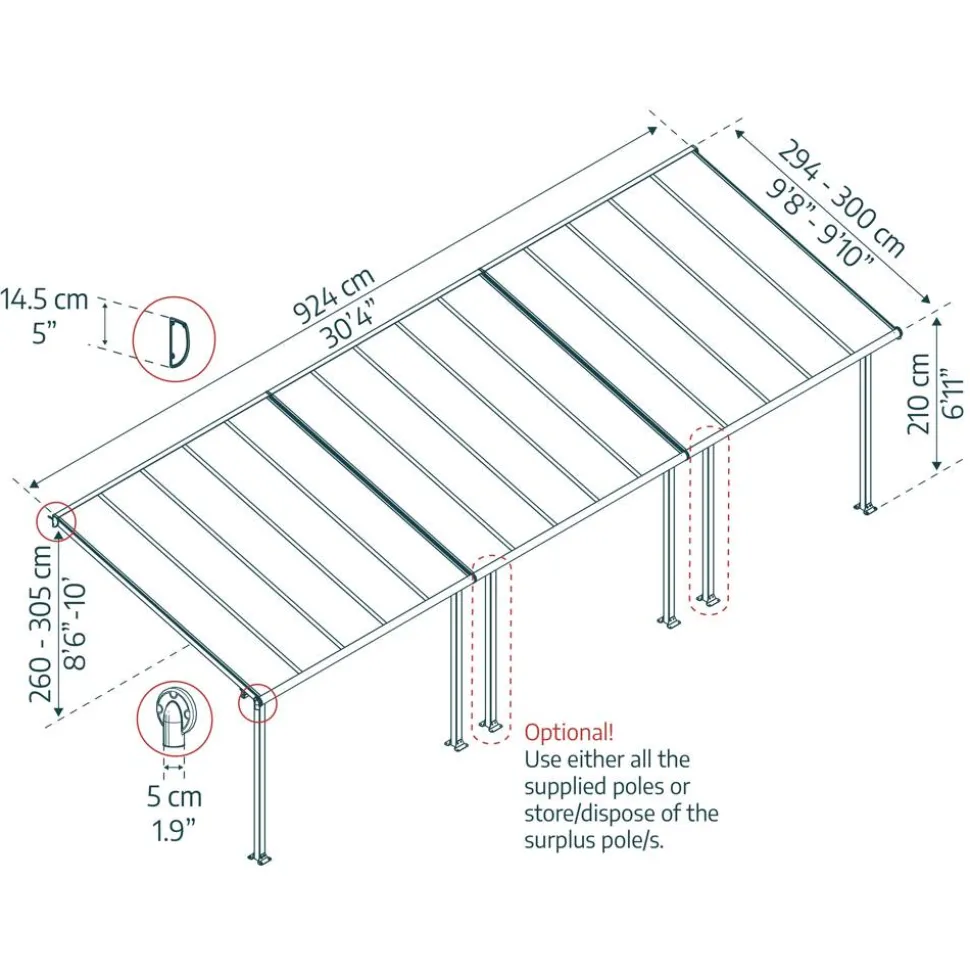 Terrassenüberdachung 'Olympia' anthrazit 294 x 924 cm Polycarbonat transparent