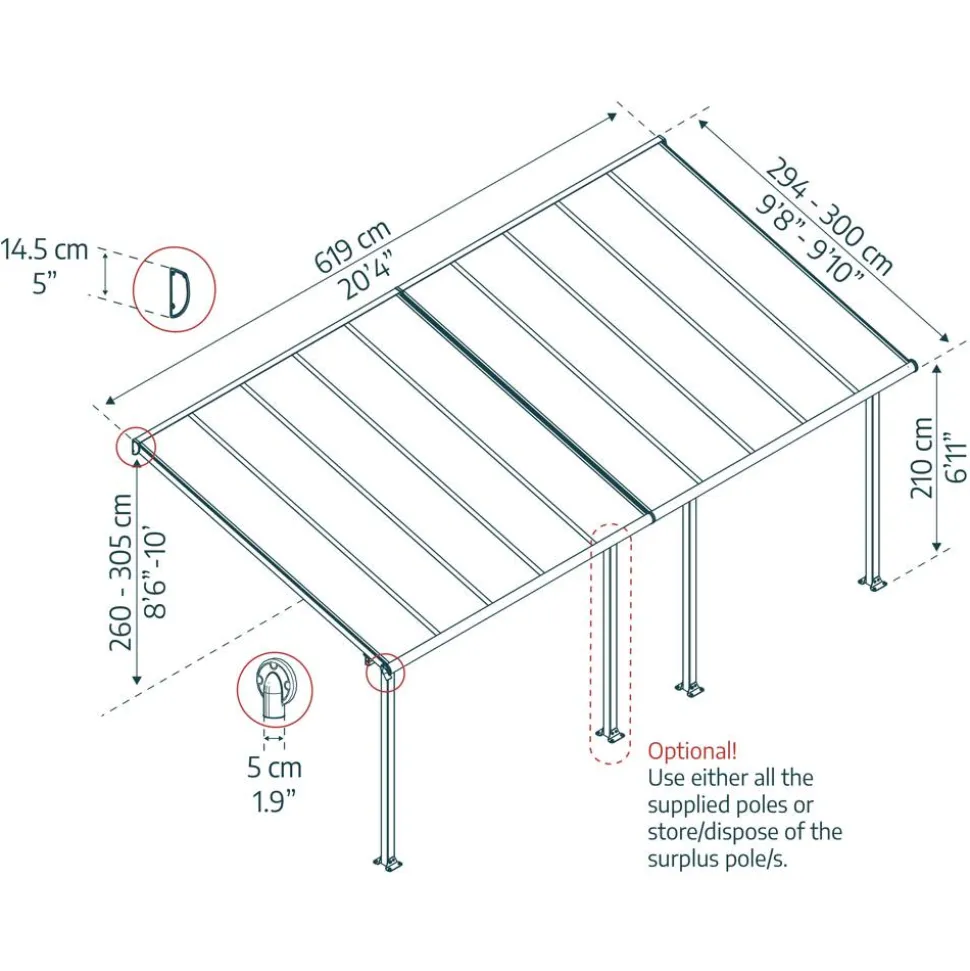 Terrassenüberdachung 'Olympia' anthrazit 294 x 619 cm Polycarbonat transparent