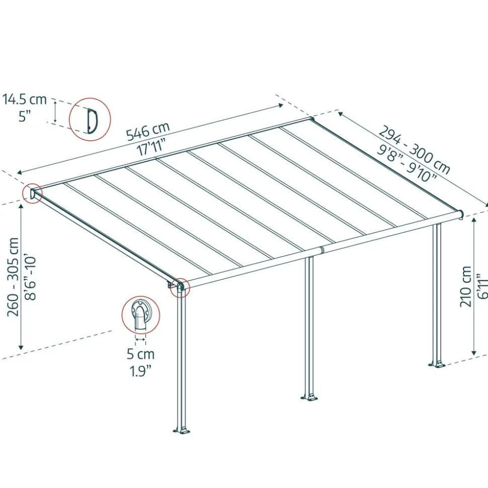 Terrassenüberdachung 'Olympia' anthrazit 294 x 546 cm Polycarbonat transparent