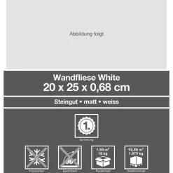 Wandfliese 'White' weiß matt 20 x 25 cm