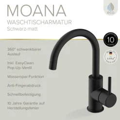 Waschtischarmatur 'Moana' matt schwarz schwenkbar 24 cm