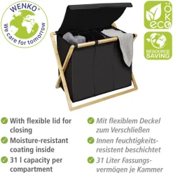 Wäschesammler 'Ecori' Bambus schwarz, braun 69 x 56,5 x 33 cm