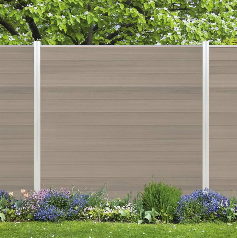 Zaun-Komplettset 'Roma Line' WPC schilf mit Pfosten eloxoiert zum Aufschrauben 751 x 180 cm