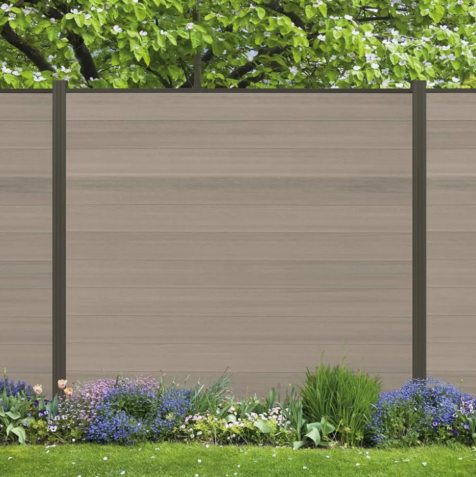 Zaun-Komplettset 'Roma Line' WPC schilf mit Pfosten anthrazit zum Einbetonieren 939 x 180 cm